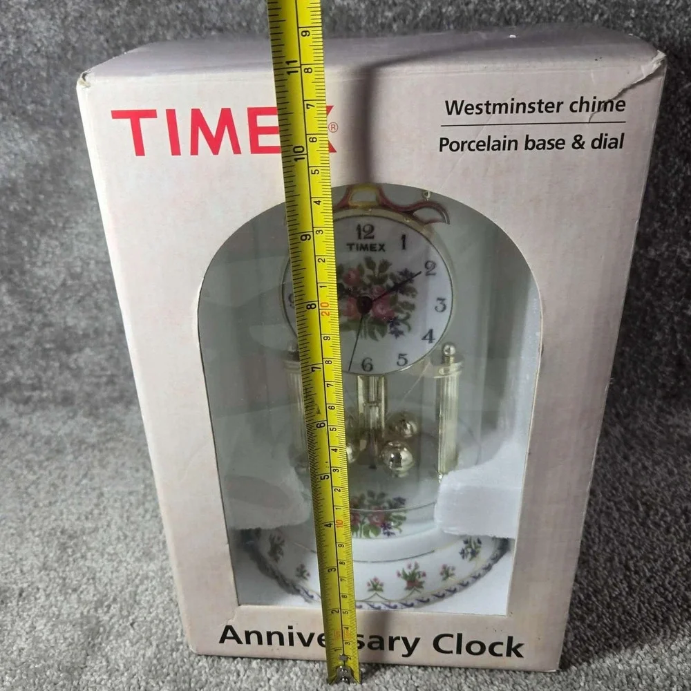 Timex Anniversary Clock White Floral Porcelain Glass Dome Westminster Chime
